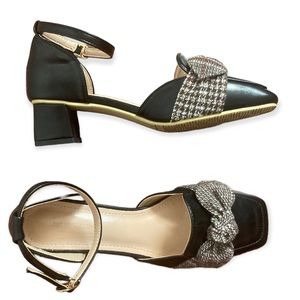 Jing Lv Feng Shang Heels with Cute Tweed Bows & Ankle Straps Women’s 37 Black